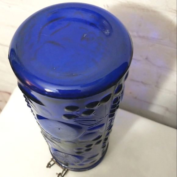 Vintage Cobalt Blue Glass Fruit Embossed Canister with Metal Hinged Lid 10" - Picture 8 of 10